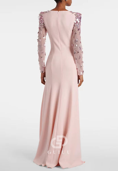 Elegant Long Sleeves Scoop Sequins A-Line Evening Dress