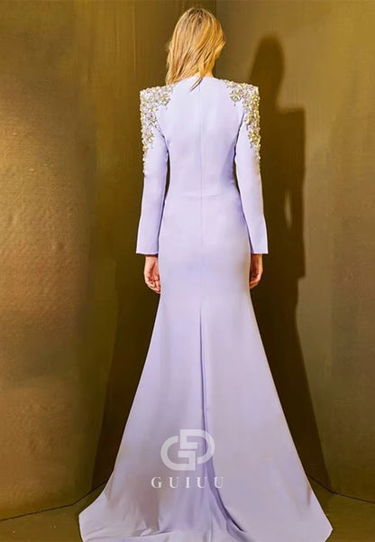 Lilac Long Sleeves V-Neck Sequins A-Line Evening Dress