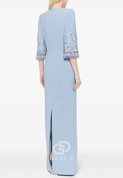 Sky Blue Long Sleeves Scoop Sequins A-Line Evening Dress