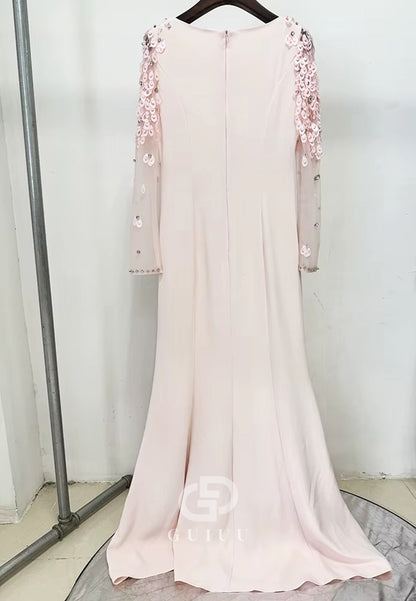 Elegant Long Sleeves Scoop Sequins A-Line Evening Dress