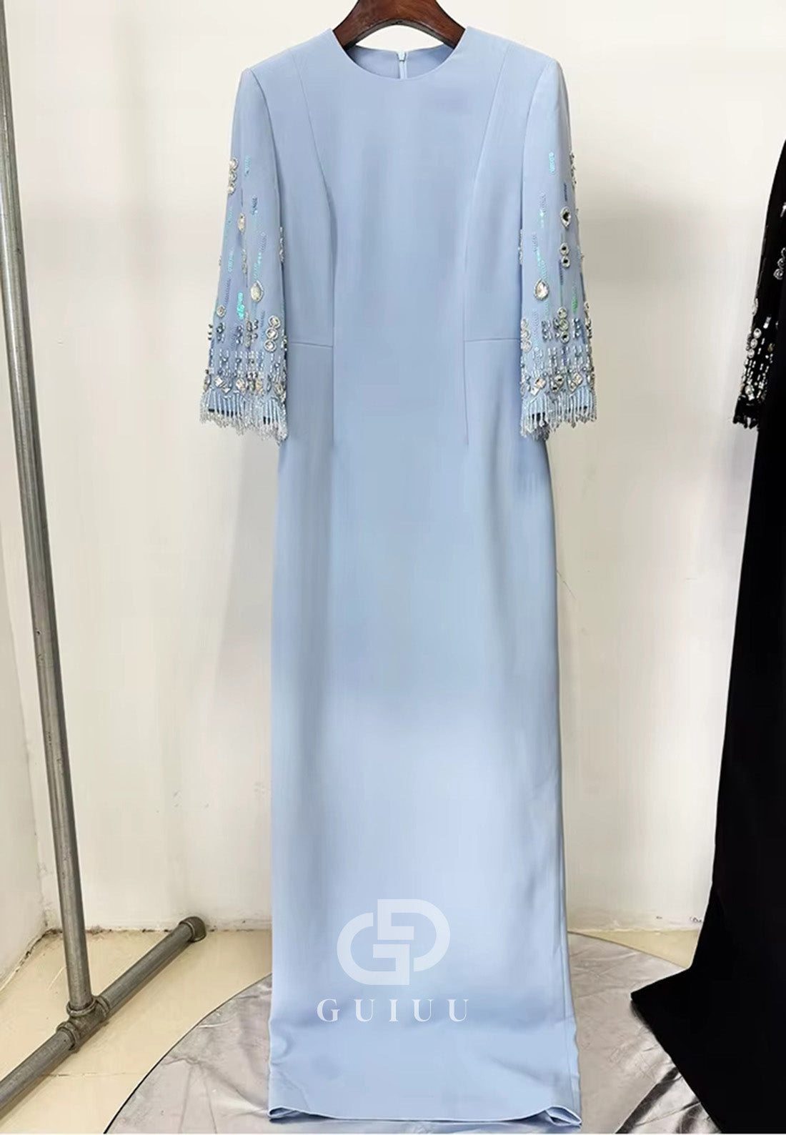 Sky Blue Long Sleeves Scoop Sequins A-Line Evening Dress