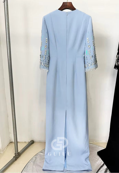 Sky Blue Long Sleeves Scoop Sequins A-Line Evening Dress