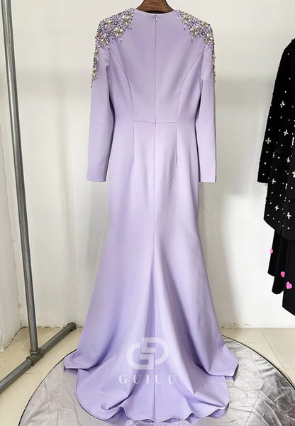 Lilac Long Sleeves V-Neck Sequins A-Line Evening Dress