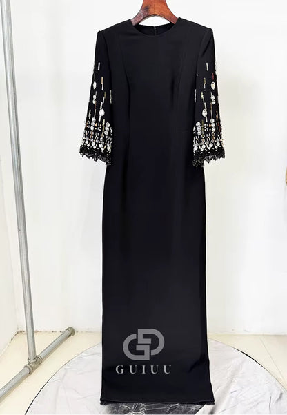 Sky Blue Long Sleeves Scoop Sequins A-Line Evening Dress