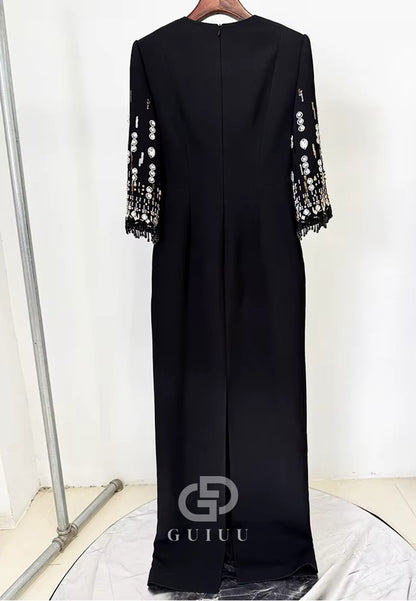 Sky Blue Long Sleeves Scoop Sequins A-Line Evening Dress