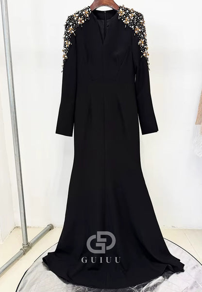 Lilac Long Sleeves V-Neck Sequins A-Line Evening Dress