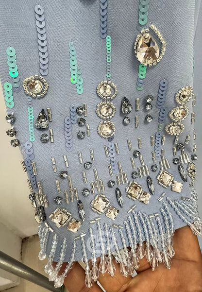 Sky Blue Long Sleeves Scoop Sequins A-Line Evening Dress