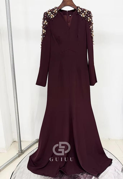 Lilac Long Sleeves V-Neck Sequins A-Line Evening Dress