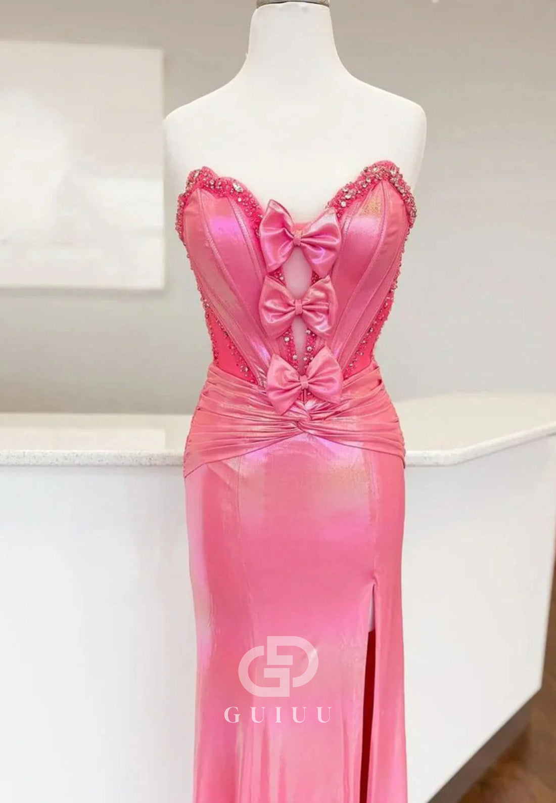 Hot Pink Sweetheart Mermaid Prom Dress with Bowknot
