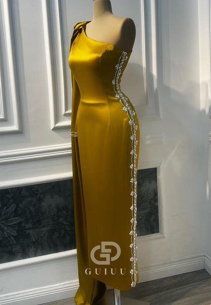 Marigold One Shoulder Long Sleeves Sheath Evening Dress