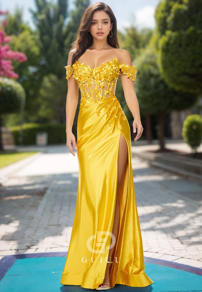Marigold Sheath Sleeveless Strapless Prom Dress with Appliques Slit Evening Party Dress