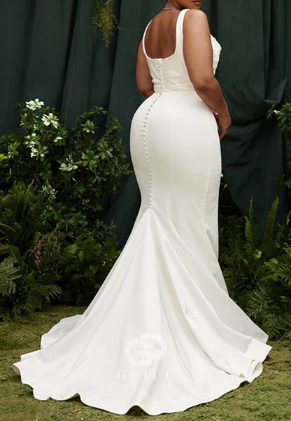Mermaid Cowl Neck Sleeveless Sweep Train Elastic Satin Wedding Dress