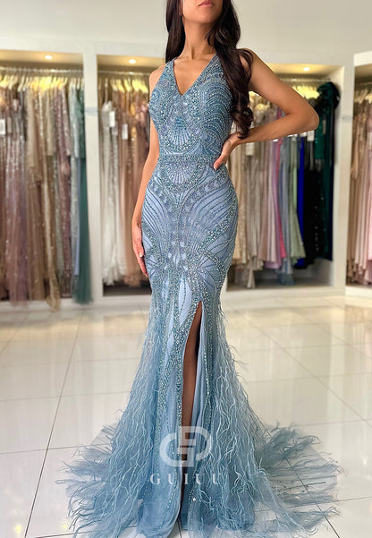 Mermaid Halter Sleeveless Sequins Slit Prom Dress