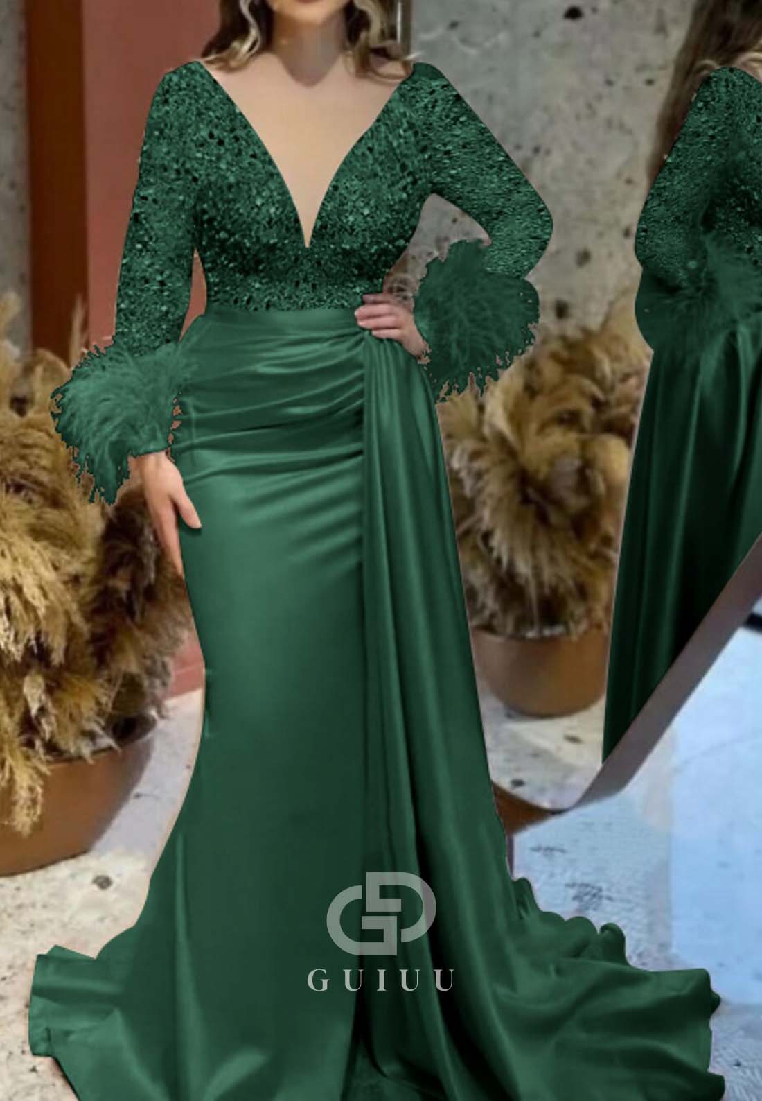 Mermaid Long Sleeves Deep V-Neck Ruched Feathers Evening Dress