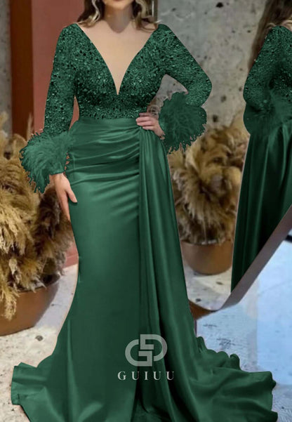 Mermaid Long Sleeves Deep V-Neck Ruched Feathers Evening Dress