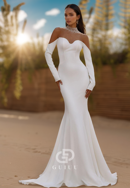 Mermaid Long Sleeves High Neck Sequins Satin Wedding Dress