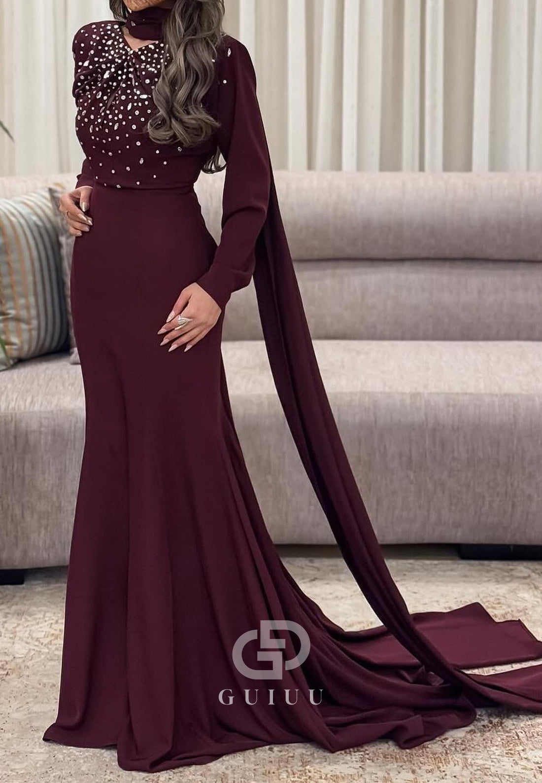 Mermaid Long Sleeves High Neck Sequins Sweep Train Evening Dress