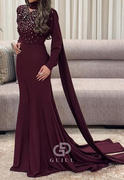 Mermaid Long Sleeves High Neck Sequins Sweep Train Evening Dress