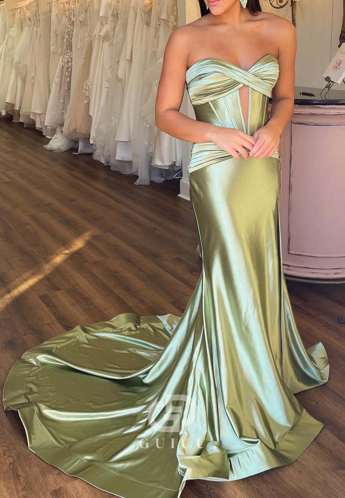 Mermaid Sleeveless Strapless Prom Dress with Slit Evening Dress