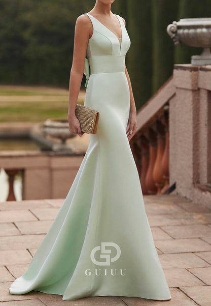 Mermaid Spagheetti Straps V-Neck Bowknot Backless Evening Dress