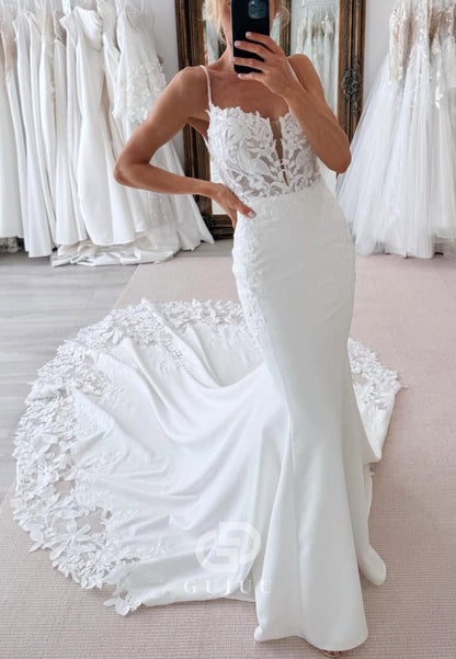 Mermaid Spaghetti Straps Sweetheart Floral Appliques Satin Wedding Dress
