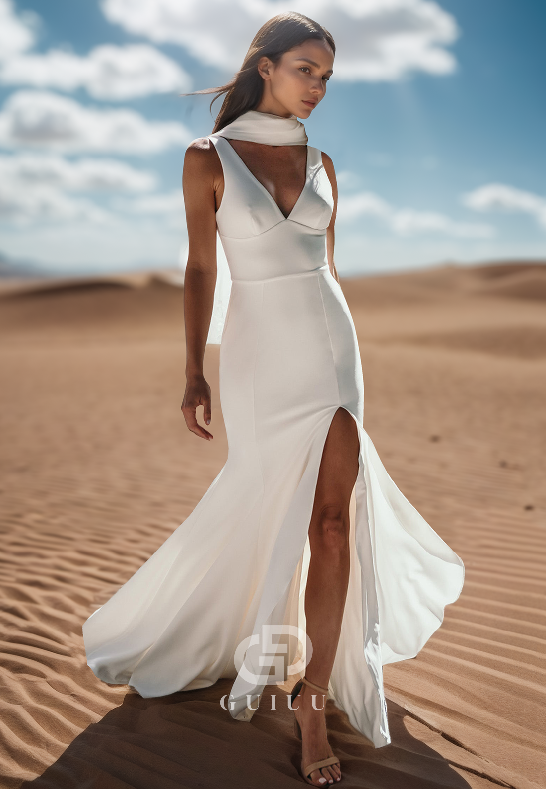 Mermaid Spaghetti Straps V-Neck Slit Beach Wedding Dress