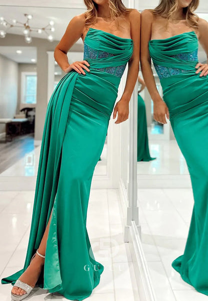 Mermaid Strapless Green Satin Floor Length Gown with Beading Prom Dress