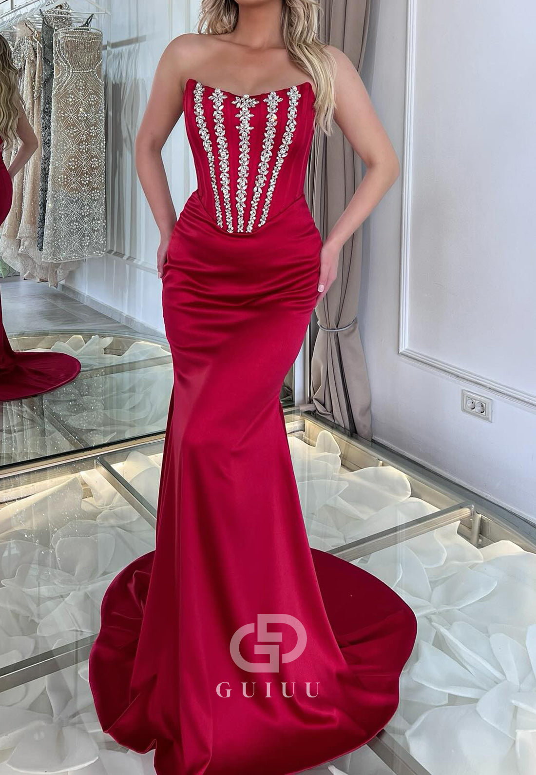 Mermaid Strapless Sleeveless Beads Corset Evening Dress