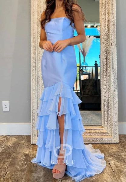 Mermaid Strapless Sleeveless Ruffles Prom Dresses With Slit