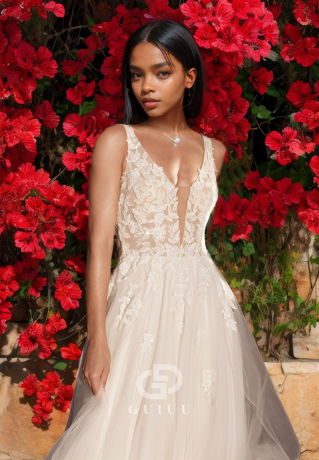 Mermaid Tulle Pleated V-Neck Strappy Wedding Dress with Lace Appliques