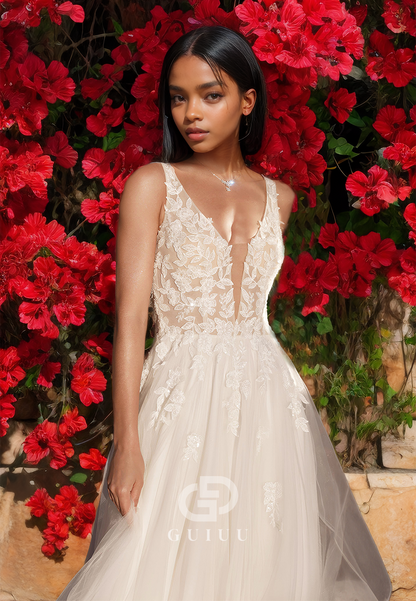 Mermaid Tulle Pleated V-Neck Strappy Wedding Dress with Lace Appliques
