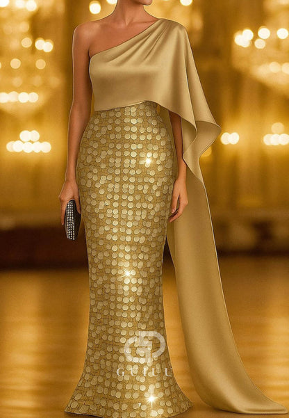 One Shoulder Formal Capes Satin Sequined Evening Dress