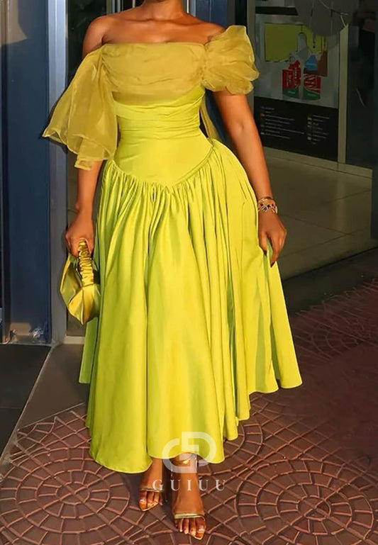 Midi Party Dress Off Shoulder Cocktail Dress Pleated Satin Evening Dress