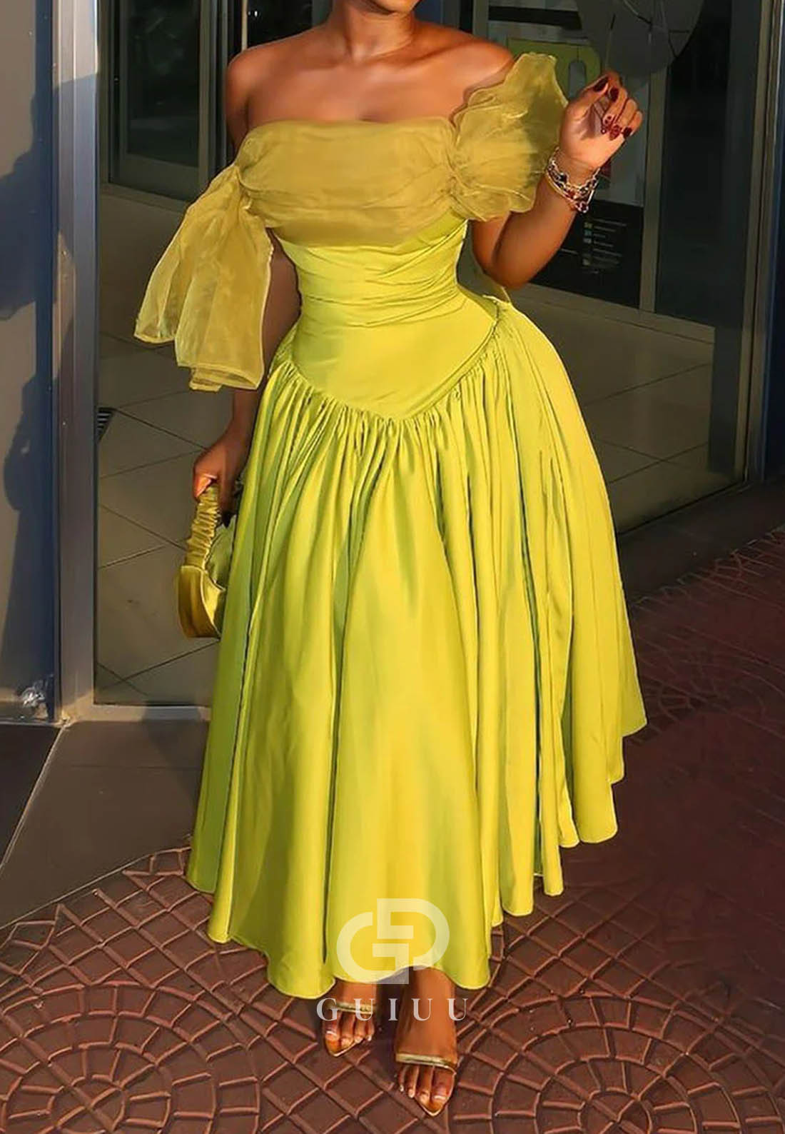 Midi Party Dress Off Shoulder Cocktail Dress Pleated Satin Evening Dress