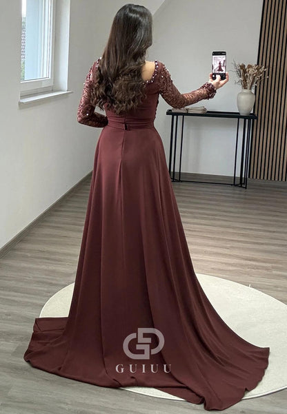 Long Sleeves Square Empire-Waist Satin Evening Dress