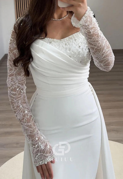 Long Sleeves Square Empire-Waist Satin Evening Dress