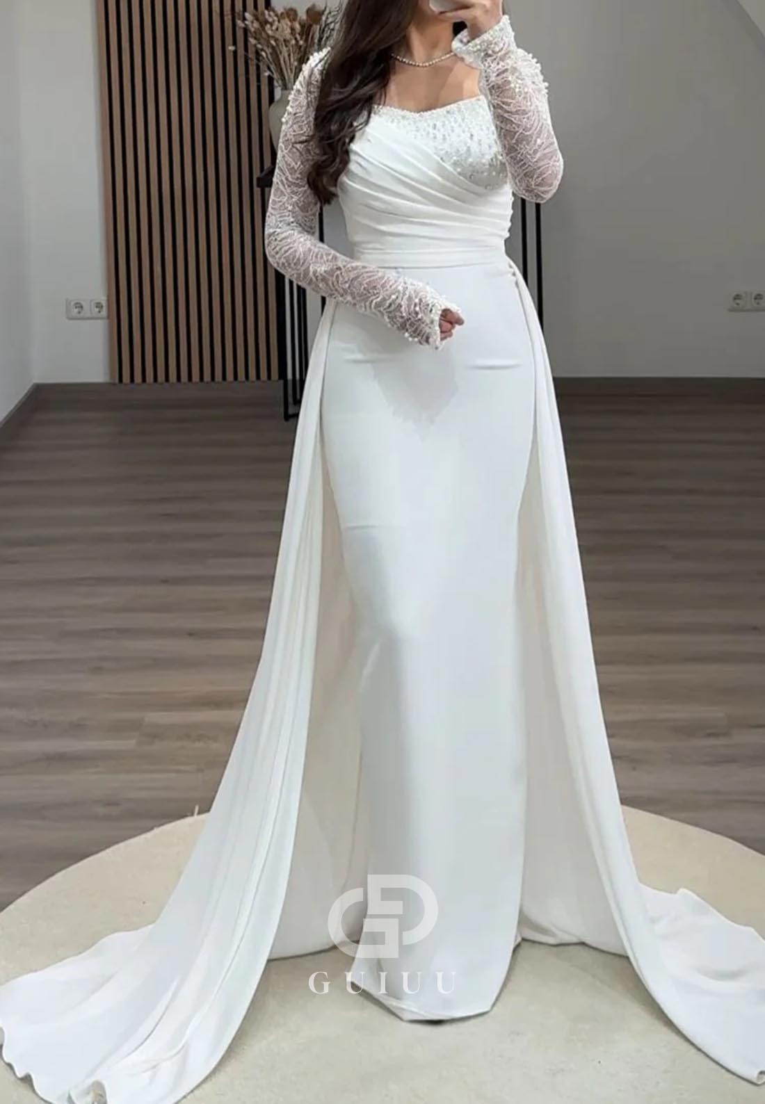 Long Sleeves Square Empire-Waist Satin Evening Dress