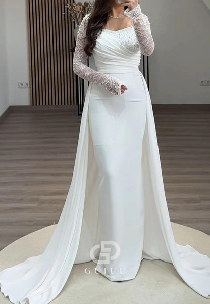 Long Sleeves Square Empire-Waist Satin Evening Dress