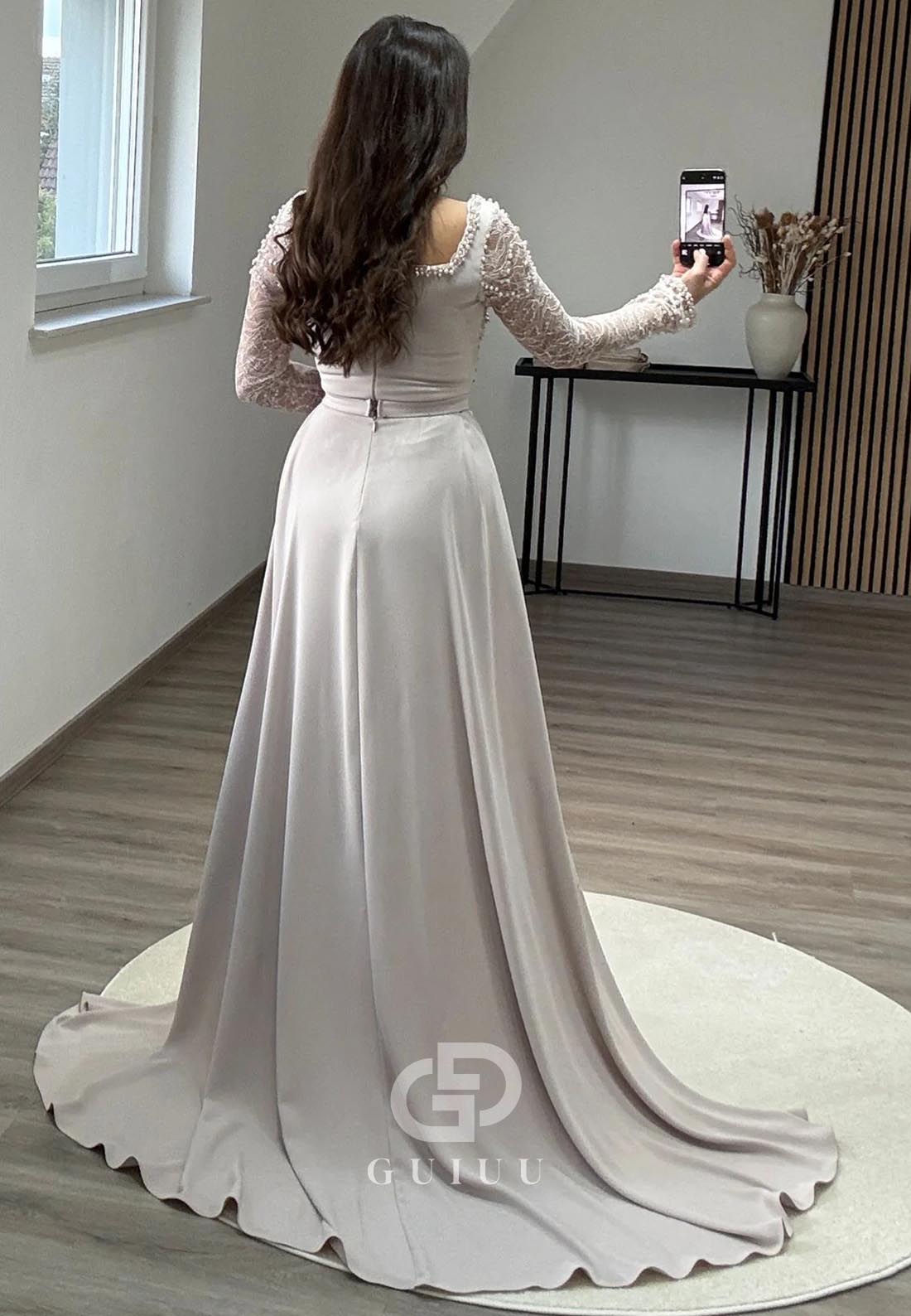 Long Sleeves Square Empire-Waist Satin Evening Dress