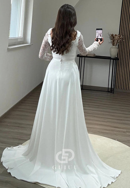 Long Sleeves Square Empire-Waist Satin Evening Dress