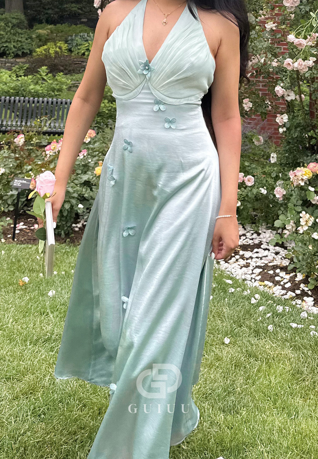 Mint Green Halter Sleeveless A-Line Ruched Prom Dress