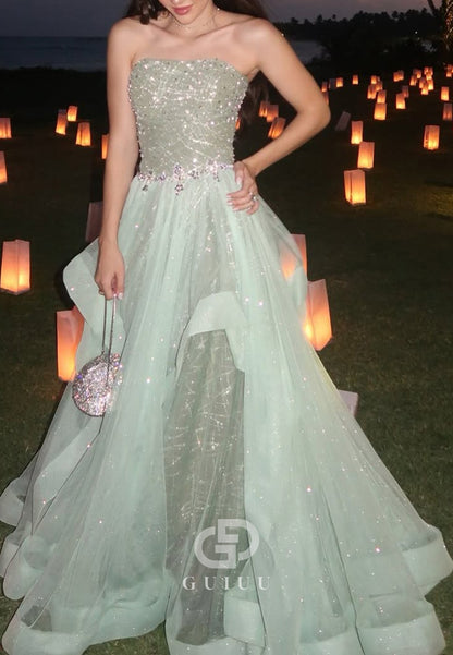 Mint Green Sleeveless Strapless A-Line Empire-Waist Prom Dress