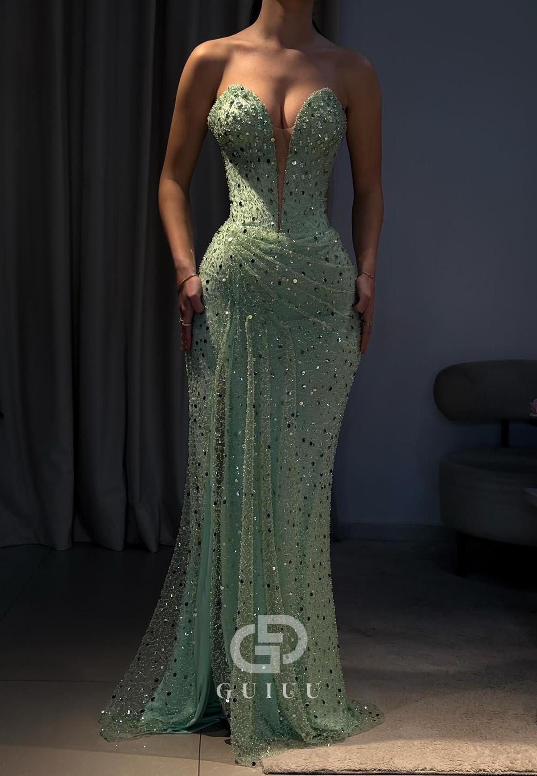 Mint Green Sleeveless Strapless Sequins Prom Dress