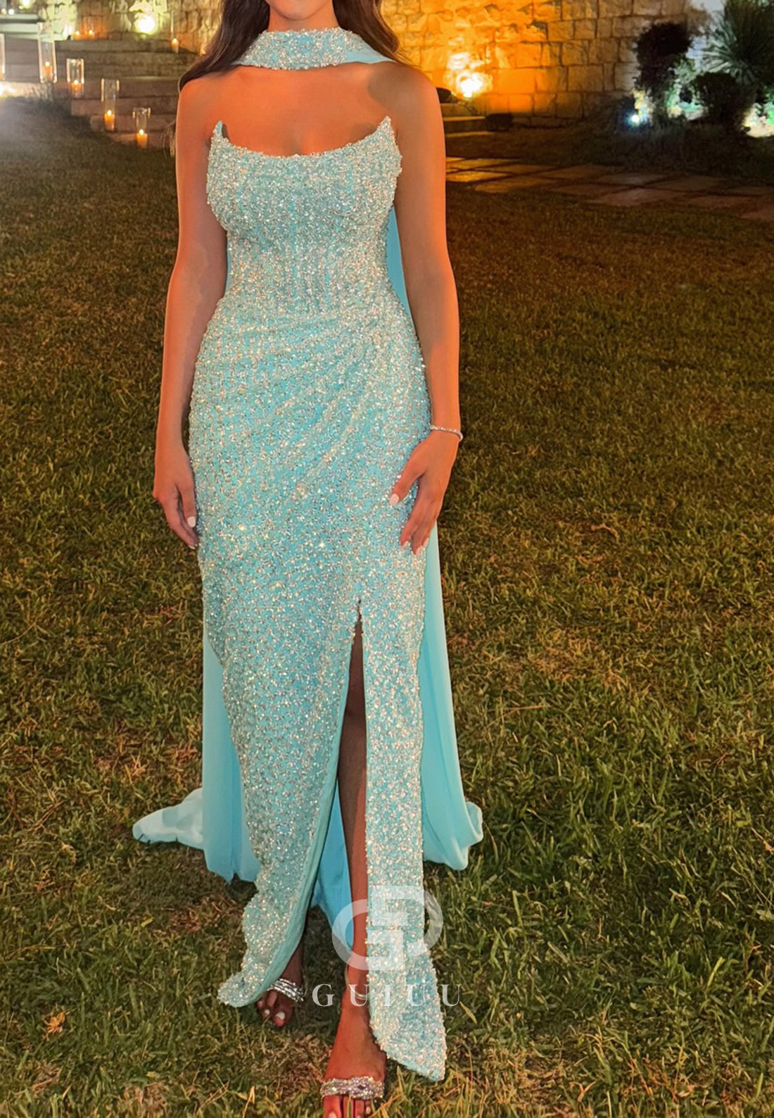 Mint Green Sleeveless Strapless Sequins Prom Dress