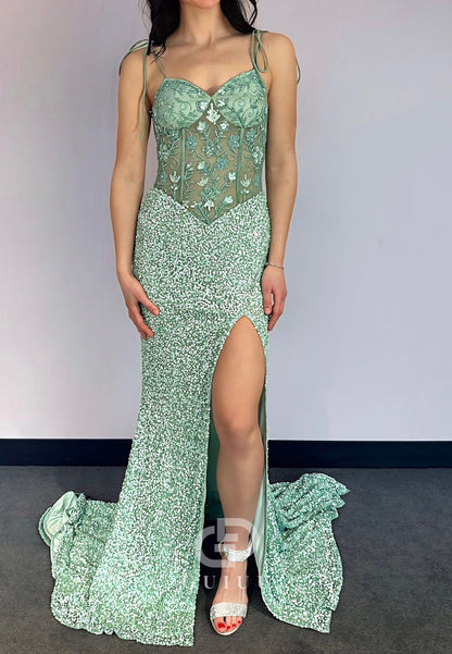 Mint Green Spaghetti Straps Sweetheart Slit Sequins Prom Dress