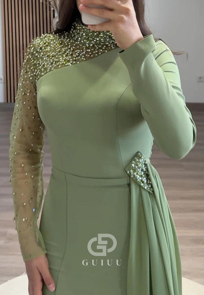 High Neck Long Sleeves Pearls Ruched Floor-Length Evening Dress