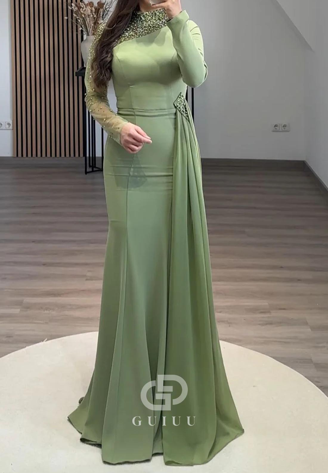 High Neck Long Sleeves Pearls Ruched Floor-Length Evening Dress