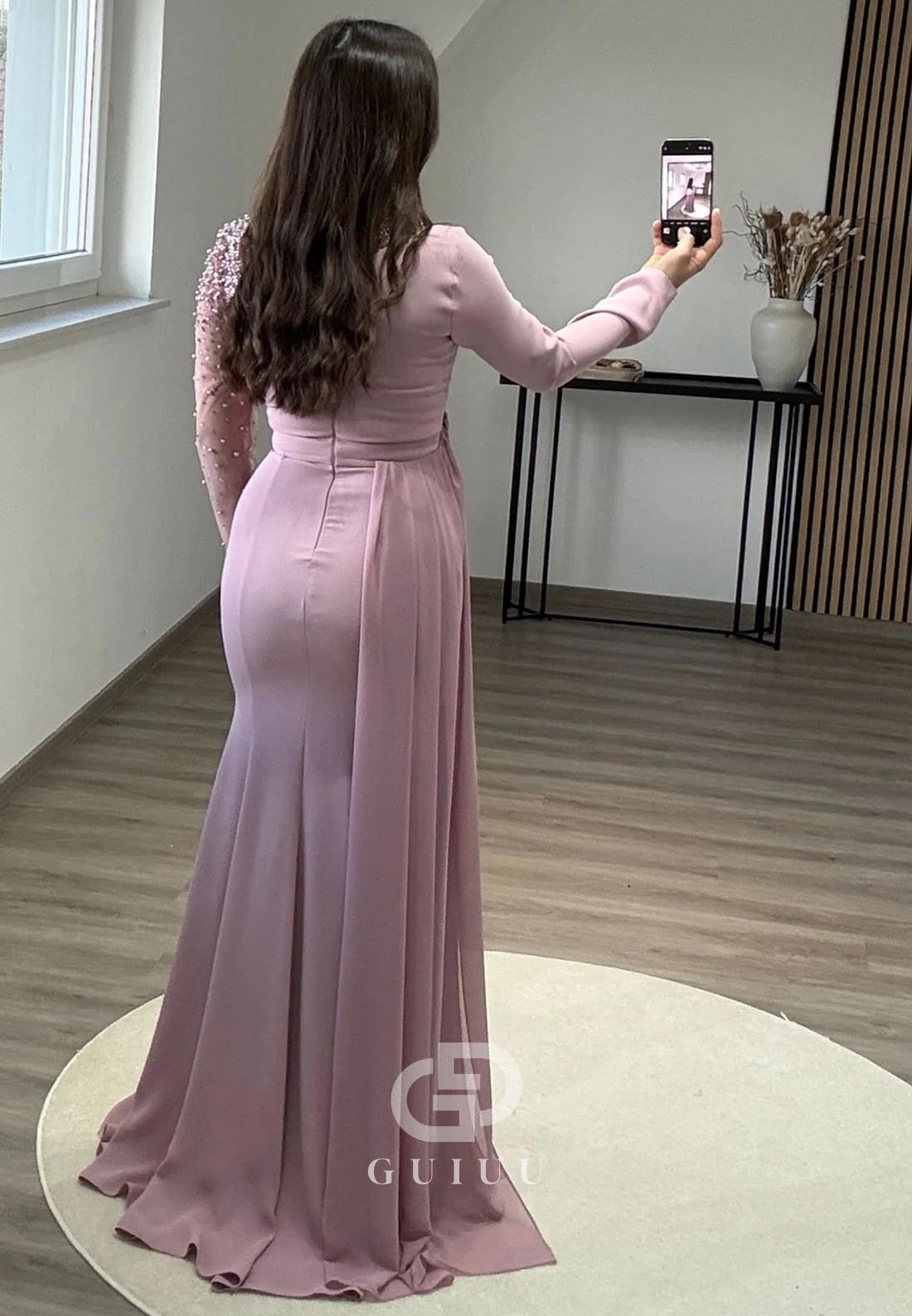 High Neck Long Sleeves Pearls Ruched Floor-Length Evening Dress
