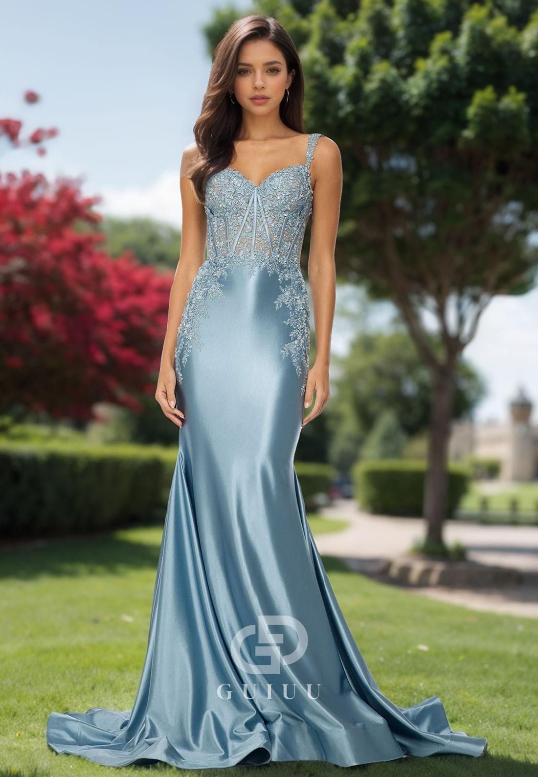 Mist Spaghetti Straps Scoop Prom Dress with Train Appliques Evening Party Dress