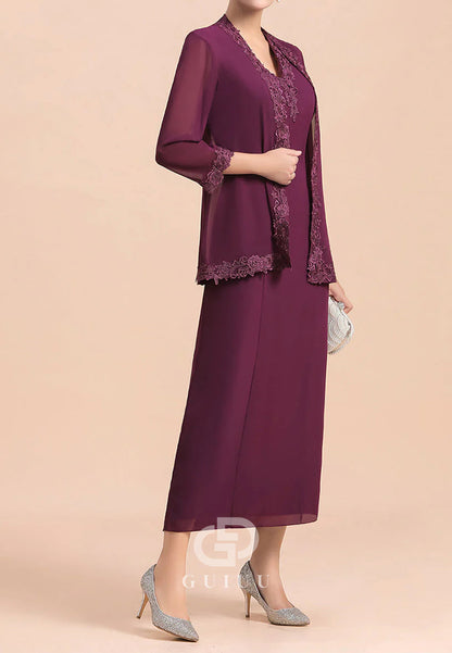 Mulberry Long Sleeves V-Neck Appliques Chiffon Mother of the Bride Dress